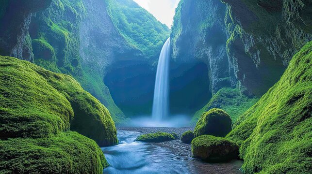 A stunning waterfall cascades into a mosscovered natural cavern