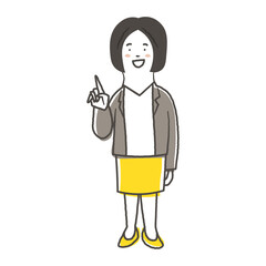 笑顔で指差ししている女性会社員の鉛筆で描いた手書き風のシンプルな全身イラスト素材