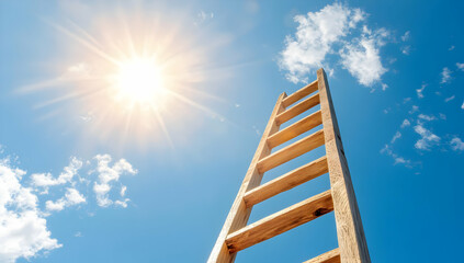 A wooden ladder ascends towards a bright sun in a clear blue sky, symbolizing ambition, achievement, and the pursuit of goals.  The image evokes feelings of hope and aspiration