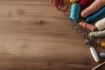 Completed punch needle Christmas wreath design sits on a wooden worktable surrounded by colorful threads and crafting tools, featuring ample copy space