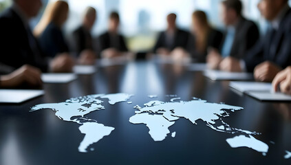 A world map is projected onto a conference table, surrounded by a blurred group of businesspeople in a meeting.  The image symbolizes global business and collaboration
