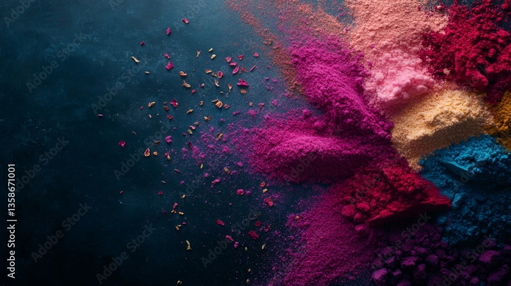 Aufkleber Colorful culinary ingredients are artfully arranged to resemble a flower, creating an appealing design on a dark textured surface with ample copy space on the left
