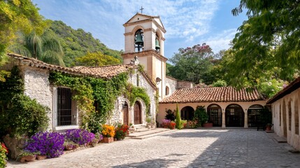 Naklejka premium Charming courtyard of the historic Villavicencio Monastery nestled in the Andes Mountains