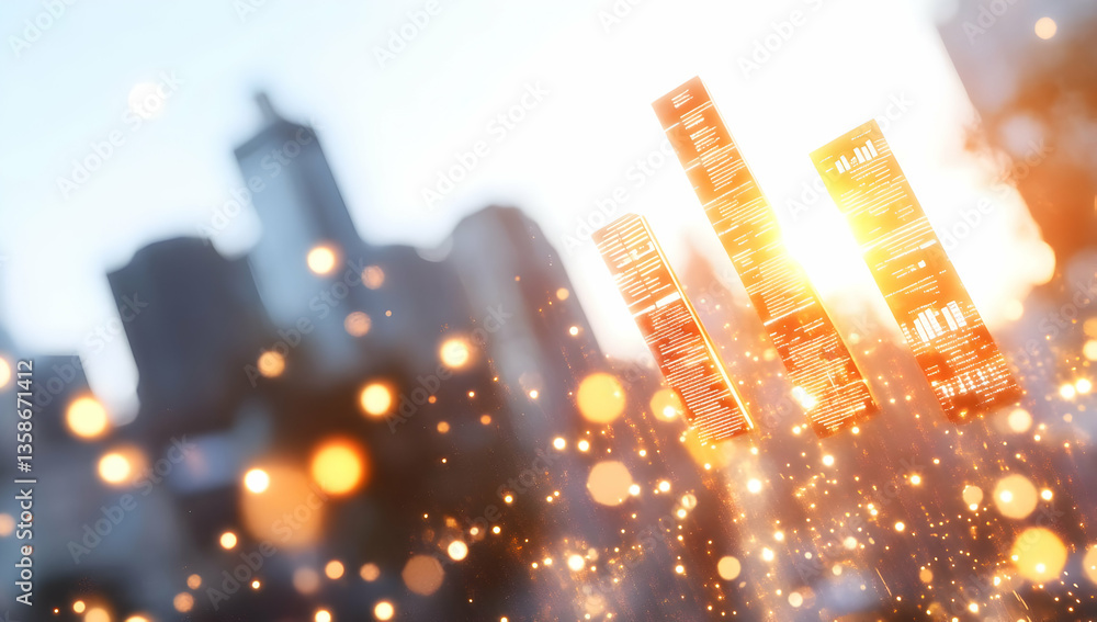 Poster abstract cityscape sunrise with glowing, upward-trending data bars suggesting growth and progress. s