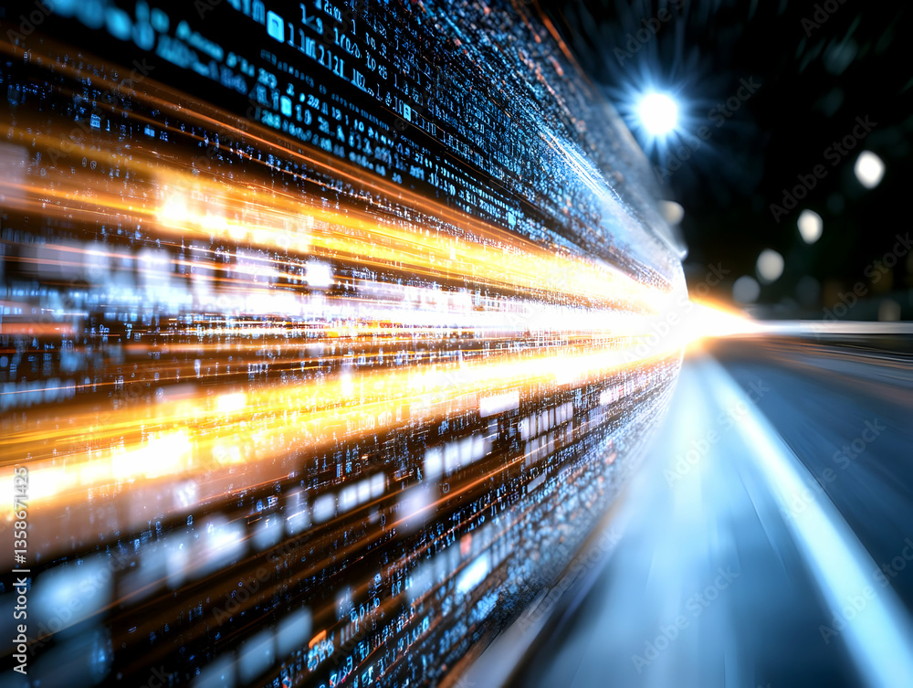 Aufkleber abstract depiction of data streams speeding down a highway at night, illuminated by bright streaks o