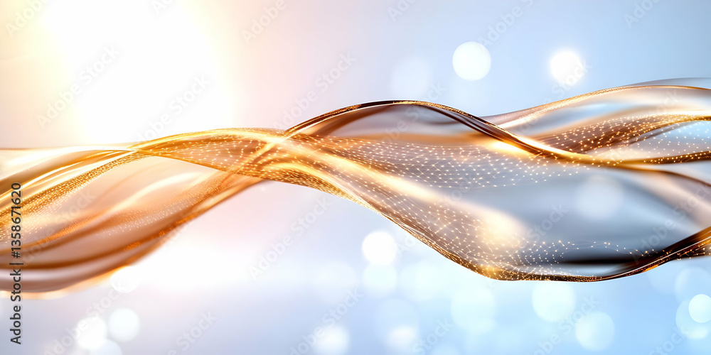 Poster abstract image of a flowing, shimmering, golden and silver wave against a soft, blurred background w
