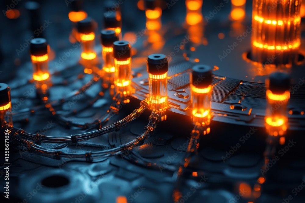 Poster glowing orange tubes are connected with cables on a circuit board. for illustrating technology, data