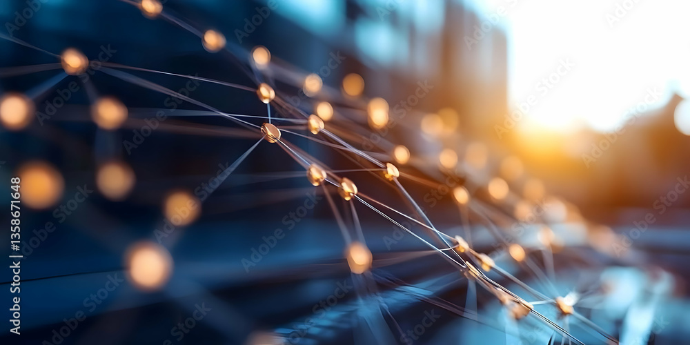 Poster abstract image of interconnected nodes forming a network, with a blurred city background and warm su