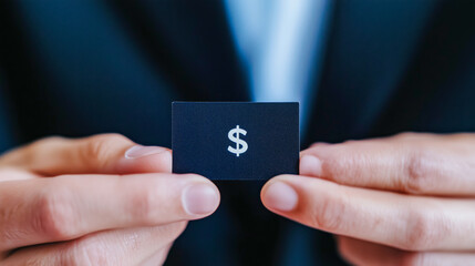 A close-up of a person in a suit holding a black business card featuring a prominent white dollar sign. The focus on the card conveys themes of finance and professionalism.