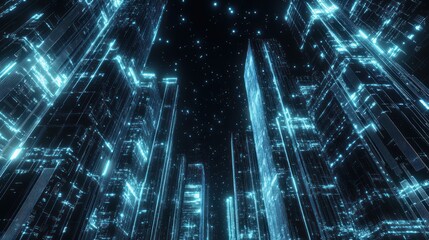 Futuristic city, digital skyline, glowing architecture, night view, stock image