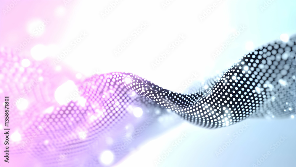 Poster abstract swirling wave of interconnected dots, glowing with soft pastel hues and bokeh effects on a 