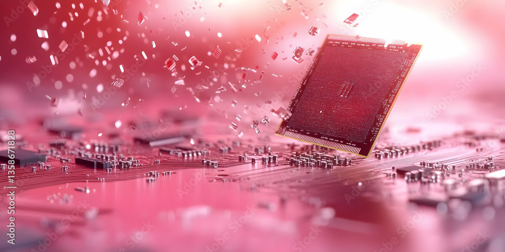 Poster advanced computer chip suspended above circuit board