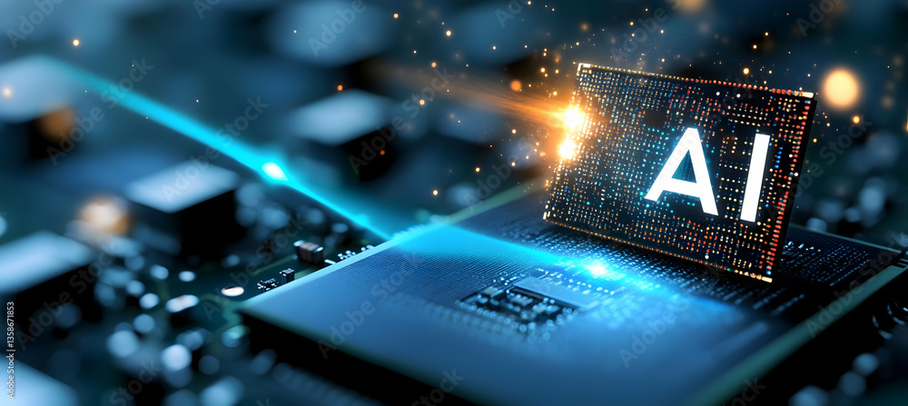 Poster ai chip glows brightly on a circuit board, signifying advanced technology and innovation in artifici