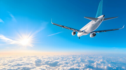Obraz premium Airplane soaring above fluffy clouds, bathed in golden sunlight. A breathtaking view of a commercial airliner in flight, capturing the serene beauty of the sky