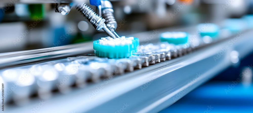 Poster automated production line showcasing teal cylindrical objects moving along a conveyor belt. a roboti