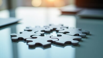 Metallic Puzzle Pieces Interconnected on Reflective Surface
