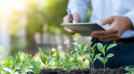 Naklejka premium Businessman examines young plants in the garden, technology concept