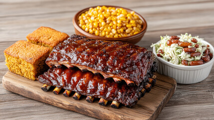 Delicious barbecue feast featuring tender ribs, cornbread, corn, and coleslaw