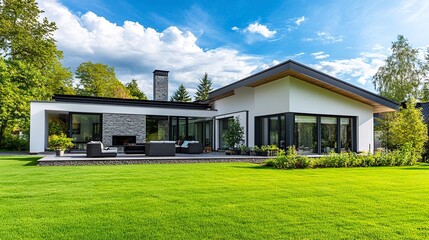 A contemporary minimalist home with sharp, clean lines and a flat roof, surrounded by a fresh green lawn, ideal for promoting modern living.  