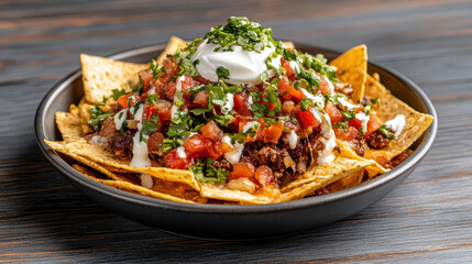 Delicious nachos topped with spicy meat, fresh salsa, and creamy sauce create mouthwatering dish