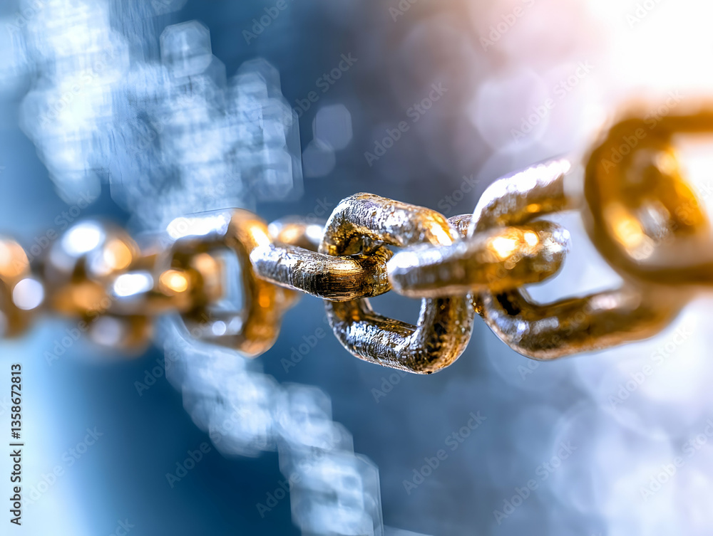 Poster close-up of a metallic chain, showing intricate details of links and textures. the shallow depth of 