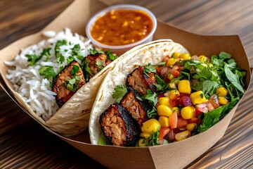 Tempting tacos with grilled chorizo, rice, corn salad and sauce in takeaway box