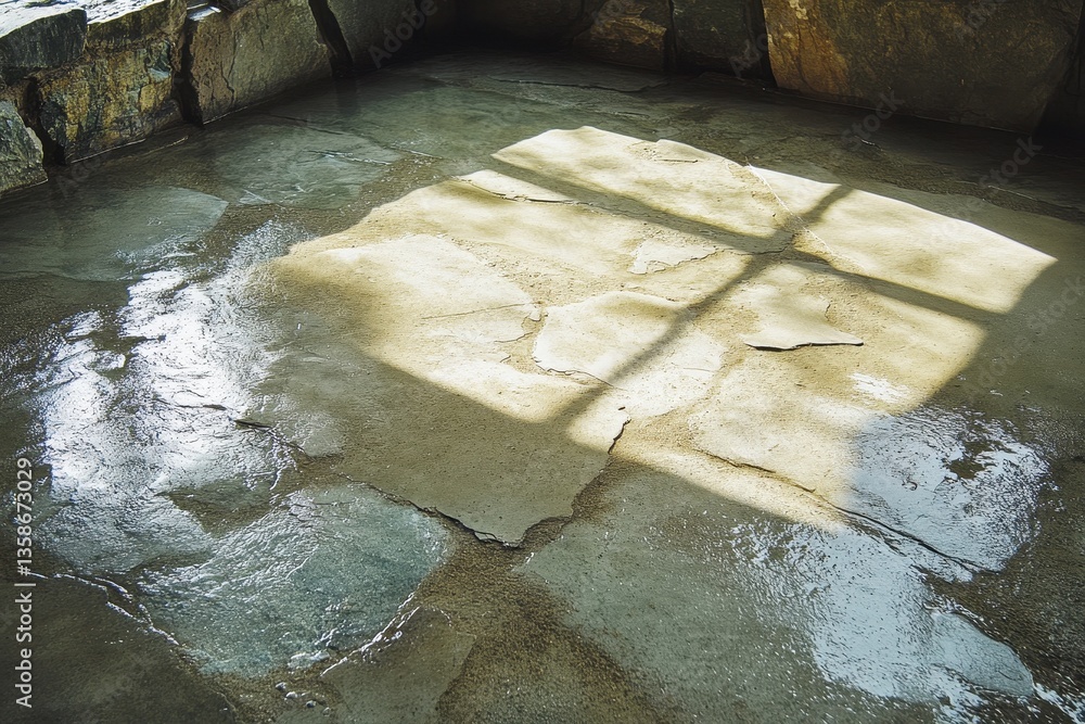 Poster wet stone tiles are illuminated by window light with rock borders. ideal background texture, suitabl