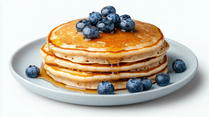Fluffy pancakes stacked high, drizzled with syrup and topped with fresh blueberries