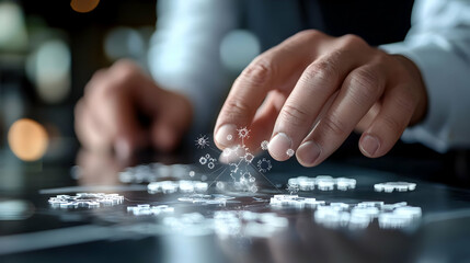 Close-up of hands interacting with a digital interface displaying interconnected microscopic entities