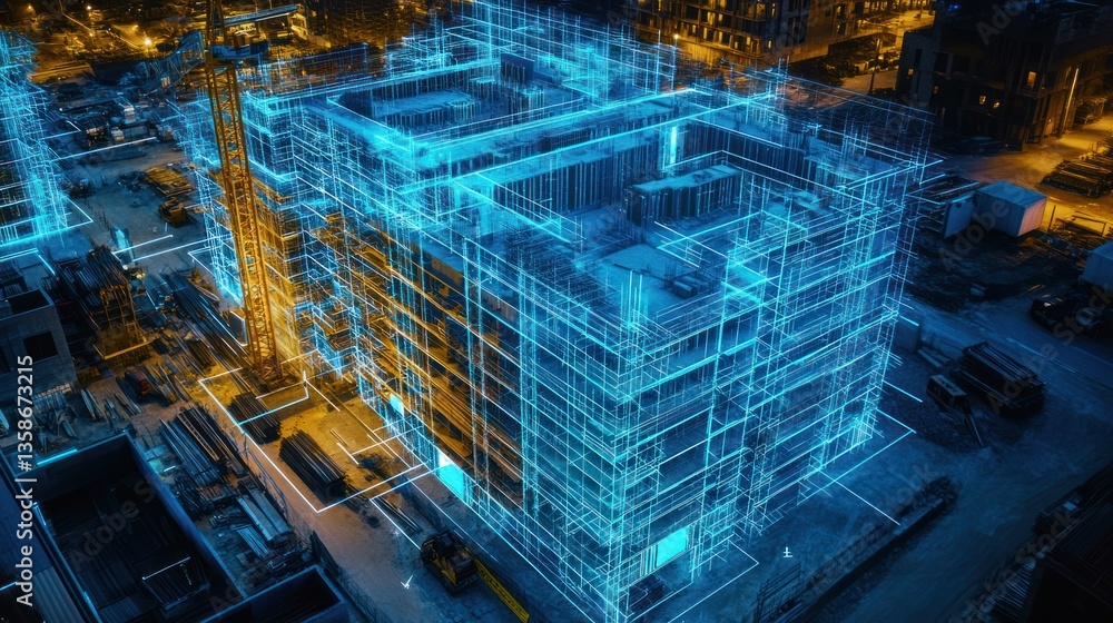 Aufkleber construction site with building blueprint overlay. aerial view. possible use architectural visualiza