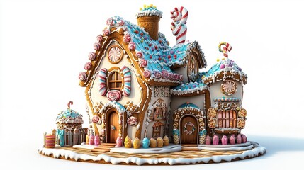 Obraz premium A detailed gingerbread building with a frosted roof and colorful candy decorations, standing out crisply on a pure white background. 