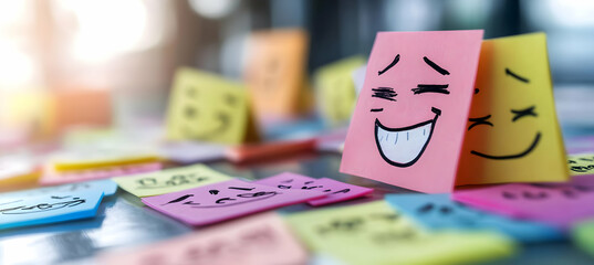 Colorful sticky notes with hand-drawn smiley faces, expressing various emotions, scattered on a surface.  A playful depiction of mood or feelings