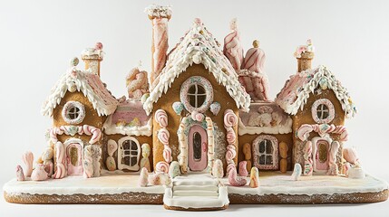 Obraz premium A detailed gingerbread house with carefully constructed walls and a frosted roof, adorned with gumdrops and licorice, centered on a white backdrop. 
