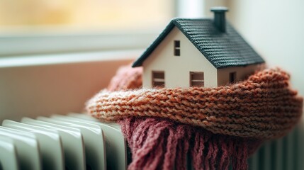 A detailed model house covered with a woolen scarf, placed on a radiator, evoking a cozy and insulated home ready for the winter chill.  