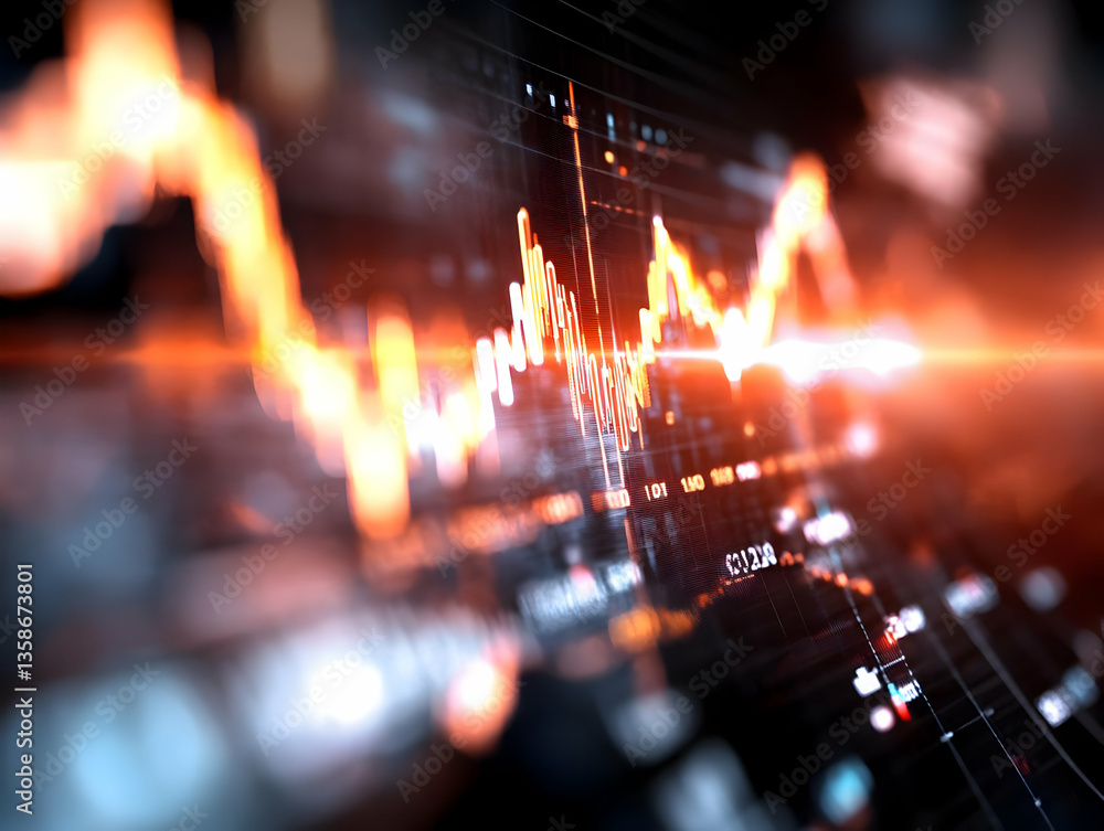 Poster dynamic stock market graph displaying fluctuating prices, visualized with vibrant color gradients an