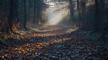 Obraz premium A forest path with falling leaves bathed in soft sunlight