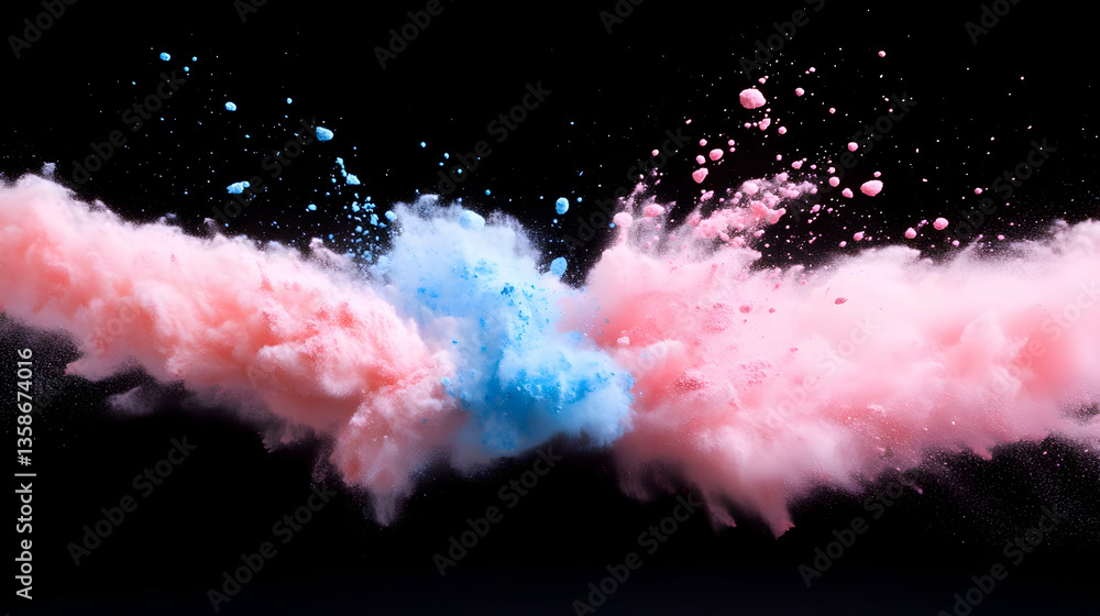 Poster exploding clouds of vibrant pink and light blue powder against a stark black background, creating a 