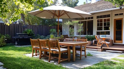 Obraz premium A functional patio setup with a wooden table, matching chairs, and a large umbrella for shade, surrounded by grass, near a stylish house. 