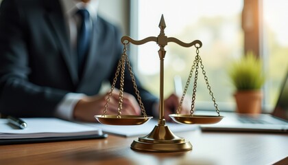 Golden Scale of Justice on Wooden Desk
