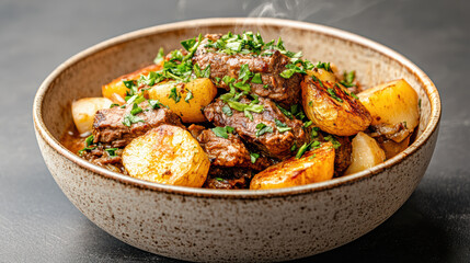 steaming bowl of slow cooked beef stew with tender meat and vegetables, garnished with herbs