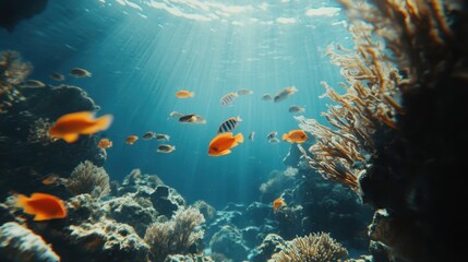 Fototapeta premium Sunlight streams down on a vibrant coral reef filled with many colorful fishes. Use for travel, marine life, or conservation projects.
