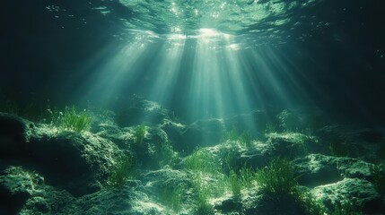Fototapeta premium Sunlight streams through clear water illuminating a rocky seabed with green plants. Use for marine biology, ocean conservation, or underwater adventure themes.