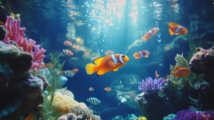 Obraz premium Colorful clownfish swim among vibrant coral reef with sun rays shining through. Ideal for ocean conservation or marine biology educational materials.