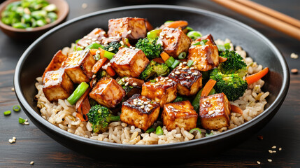 Fototapeta premium Delicious stir fried tofu with mixed vegetables served over rice, showcasing vibrant colors and