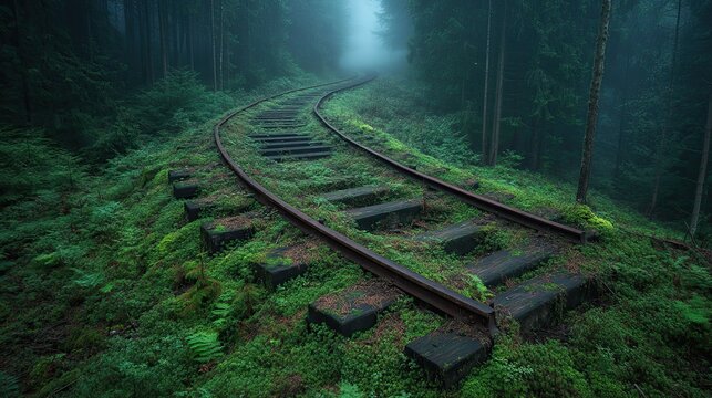 Abandoned railway track overgrown within a dense and misty forest environment - Powered by Adobe