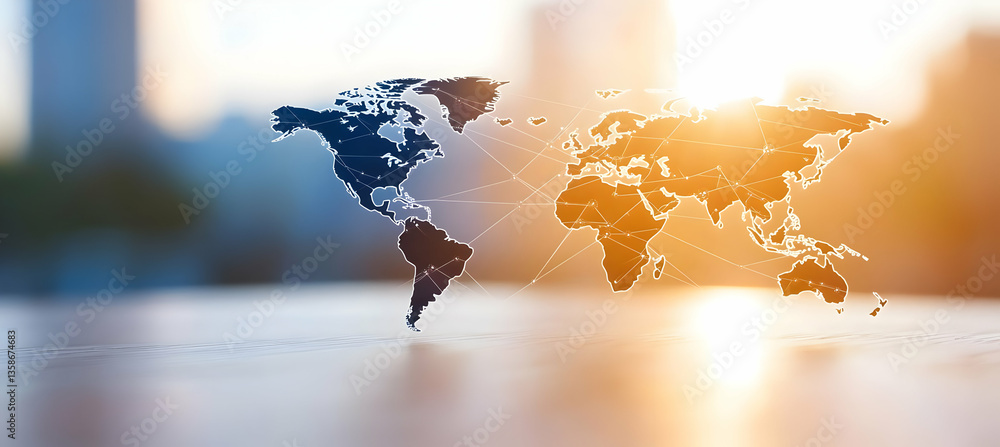Poster global network connection visualized with a world map, interconnected by lines symbolizing communica