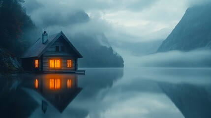 Fototapeta premium A glowing wooden house by a calm lake, the water mirroring its warm light, misty mountains in the backdrop blending into the dusky horizon. 
