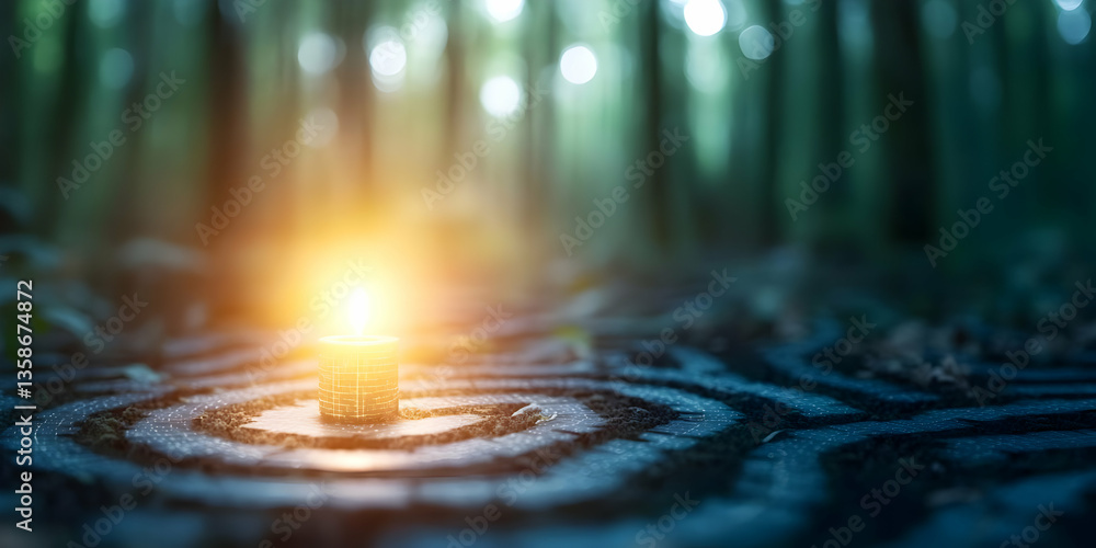 Poster glowing object rests at the center of a spiral pattern on the forest floor. sunlight filters through
