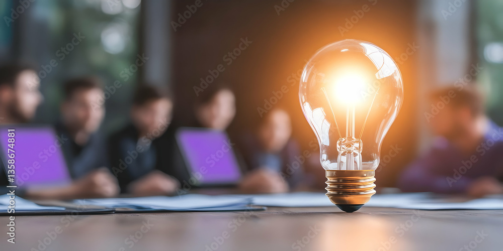 Poster glowing lightbulb on a table in front of a blurred background of people working on laptops. represen