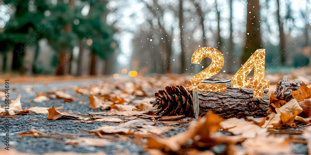 Poster glowing number twenty-four rests on a log amidst fallen autumn leaves on a path through a park. ligh